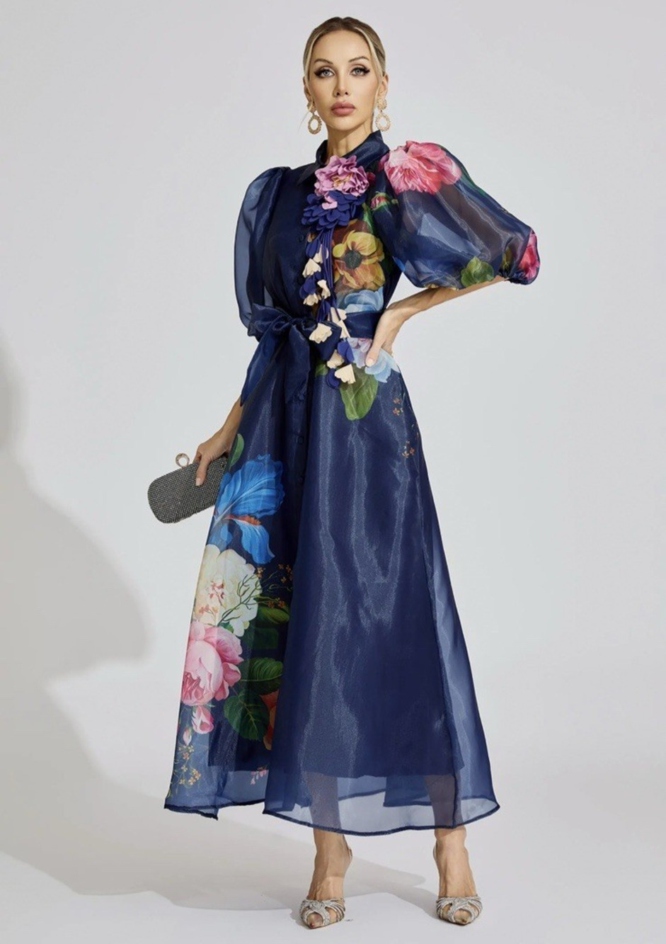 Catchall Ava Blue Navy French 3D Floral Maxi Dress Small NO BELT Gown Prom NWT